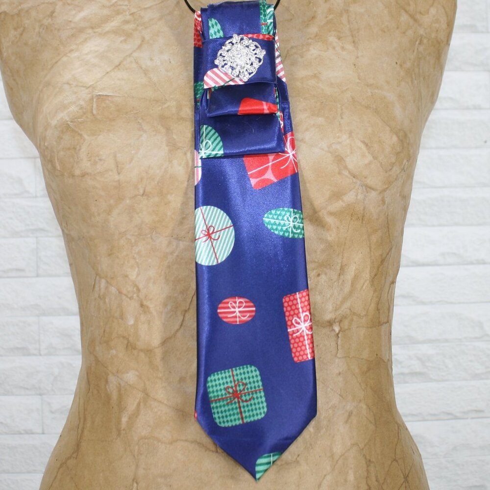 UPCYCLED Neck Tie Necklace Brooch Christmas Presents Holiday Accessory Blue